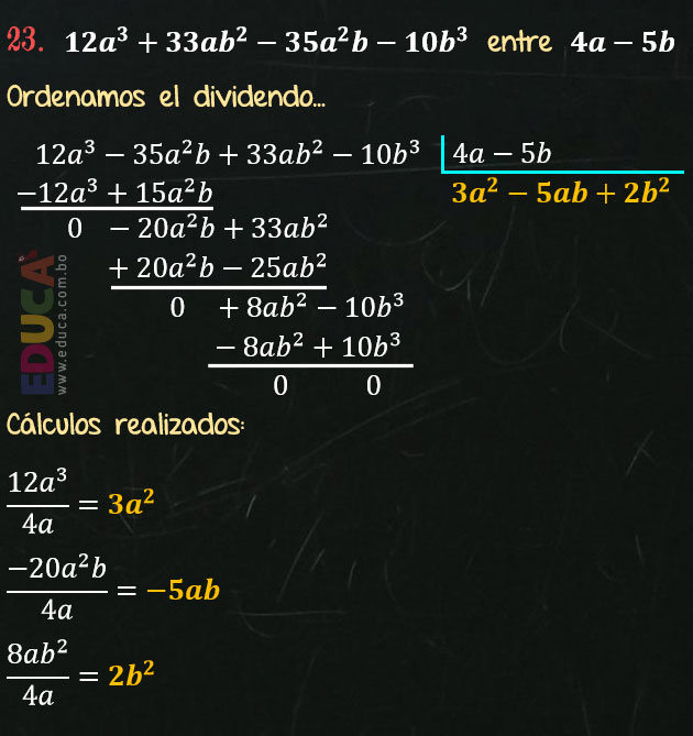 Solución Ejercicio 54 - Ejercicio 23 - División, División de Dos Polinomios. Algebra de Baldor - Educa.com.bo.