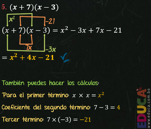 Solución Ejercicio 67 - Ejercicio 5 - Productos Notables, Producto de Dos Binomios de la forma (mx+a)(nx+b) - Productos y Cocientes Notables. Algebra de Baldor - Educa.com.bo.