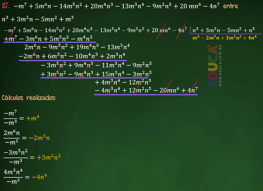 Solución Ejercicio 55 - Ejercicio 27 - División, Prueba de la División, División de Dos Polinomios, Prueba de la División. Algebra de Baldor - Educa.com.bo.
