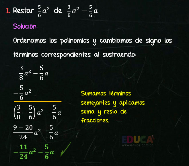 Solución Ejercicio 25 - Ejercicio 1 - Resta de Polinomios con coeficientes fraccionarios - Algebra de Baldor - www.educa.com.bo