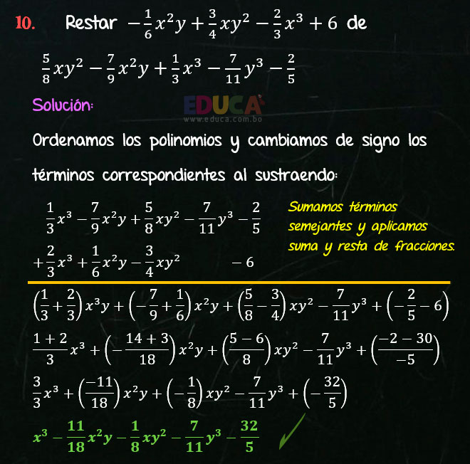 Solución Ejercicio 25 - Ejercicio 10 - Resta de Polinomios con coeficientes fraccionarios - Algebra de Baldor - www.educa.com.bo