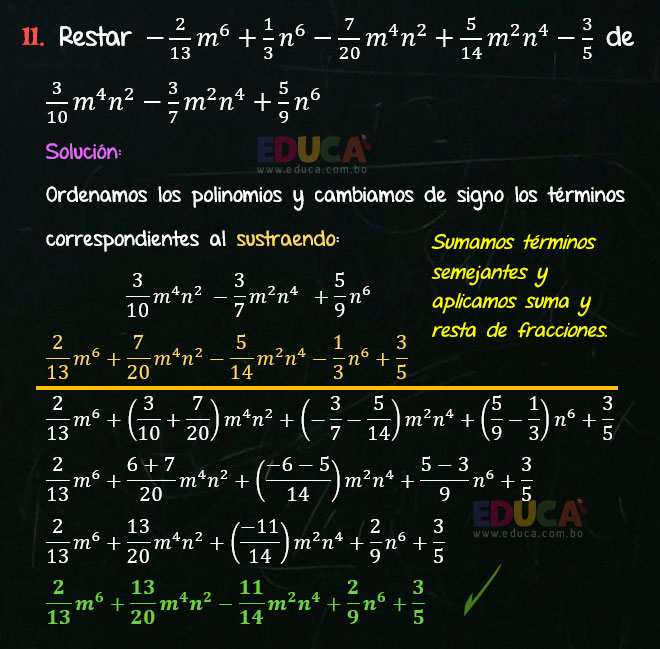 Solución Ejercicio 25 - Ejercicio 11 - Resta de Polinomios con coeficientes fraccionarios - Algebra de Baldor - www.educa.com.bo