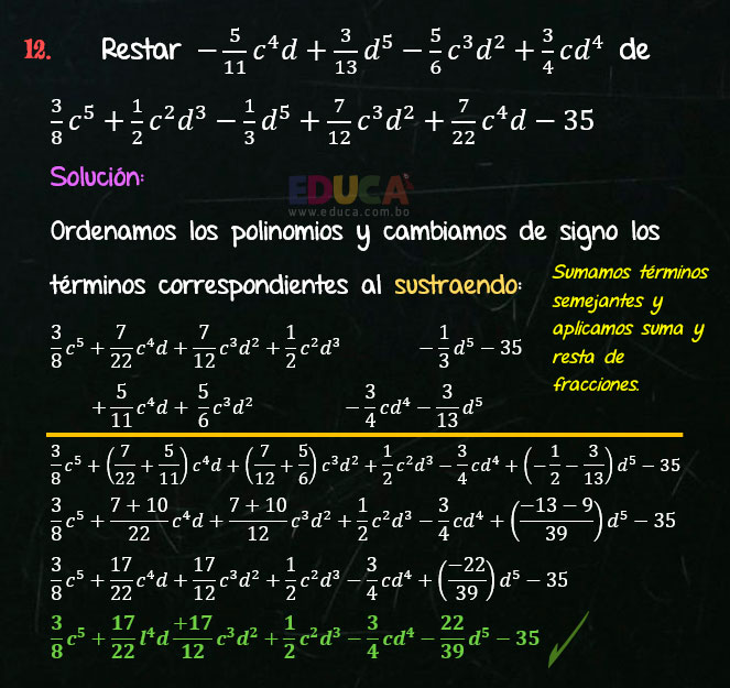 Solución Ejercicio 25 - Ejercicio 12 - Resta de Polinomios con coeficientes fraccionarios - Algebra de Baldor - www.educa.com.bo
