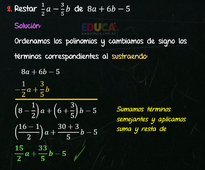 Solución Ejercicio 25 - Ejercicio 2 - Resta de Polinomios con coeficientes fraccionarios - Algebra de Baldor - www.educa.com.bo