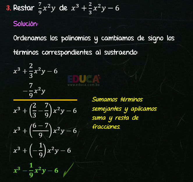 Solución Ejercicio 25 - Ejercicio 3 - Resta de Polinomios con coeficientes fraccionarios - Algebra de Baldor - www.educa.com.bo