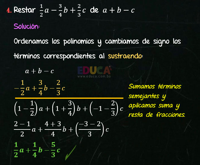 Solución Ejercicio 25 - Ejercicio 4 - Resta de Polinomios con coeficientes fraccionarios - Algebra de Baldor - www.educa.com.bo