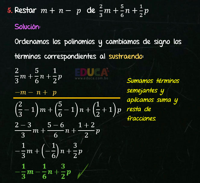 Solución Ejercicio 25 - Ejercicio 5 - Resta de Polinomios con coeficientes fraccionarios - Algebra de Baldor - www.educa.com.bo