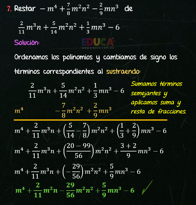 Solución Ejercicio 25 - Ejercicio 7 - Resta de Polinomios con coeficientes fraccionarios - Algebra de Baldor - www.educa.com.bo