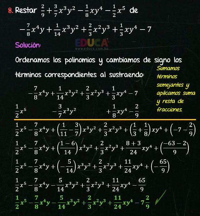 Solución Ejercicio 25 - Ejercicio 8 - Resta de Polinomios con coeficientes fraccionarios - Algebra de Baldor - www.educa.com.bo