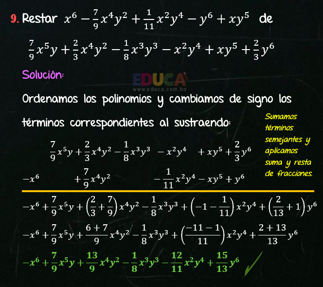 Solución Ejercicio 25 - Ejercicio 9 - Resta de Polinomios con coeficientes fraccionarios - Algebra de Baldor - www.educa.com.bo