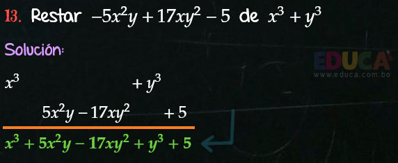 Solución Ejercicio 23 - Ejercicio 13 - Resta de Polinomios - Algebra de Baldor- www.educa.com.bo