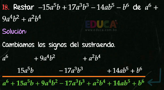 Solución Ejercicio 23 - Ejercicio 18 - Resta de Polinomios - Algebra de Baldor - www.educa.com.bo