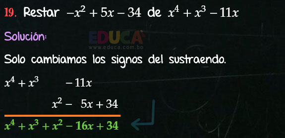 Solución Ejercicio 23 - Ejercicio 19 - Resta de Polinomios - Algebra de Baldor - www.educa.com.bo