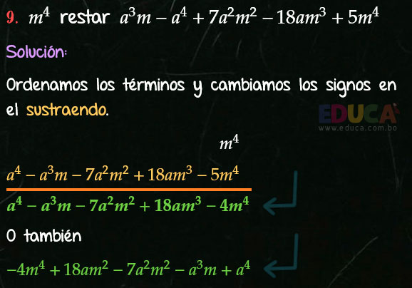 Solución Ejercicio 23 - Ejercicio 9 - Resta de Polinomios - Algebra de Baldor- www.educa.com.bo
