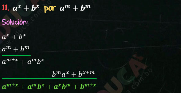 Solución Ejercicio 43 - Ejercicio 11 - Multiplicación de Polinomios con exponentes literales. Regla para multiplicar dos polinomios. Multiplicación. Solucionario - Algebra de Baldor - www.educa.com.bo