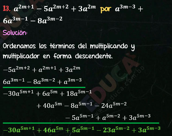 Solución Ejercicio 43 - Ejercicio 13 - Multiplicación de Polinomios con exponentes literales. Regla para multiplicar dos polinomios. Multiplicación. Solucionario - Algebra de Baldor - www.educa.com.bo