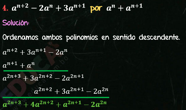 Solución Ejercicio 43 - Ejercicio 4 - Multiplicación de Polinomios con exponentes literales. Regla para multiplicar dos polinomios. Multiplicación. Solucionario - Algebra de Baldor - www.educa.com.bo