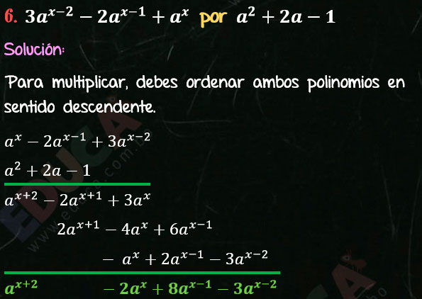 Solución Ejercicio 43 - Ejercicio 6 - Multiplicación de Polinomios con exponentes literales. Regla para multiplicar dos polinomios. Multiplicación. Solucionario - Algebra de Baldor - www.educa.com.bo