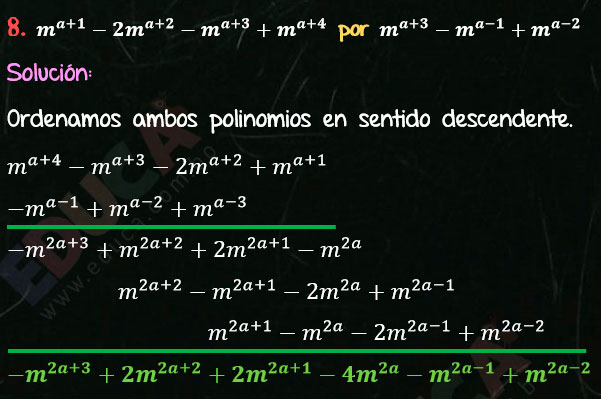 Solución Ejercicio 43 - Ejercicio 8 - Multiplicación de Polinomios con exponentes literales. Regla para multiplicar dos polinomios. Multiplicación. Solucionario - Algebra de Baldor - www.educa.com.bo