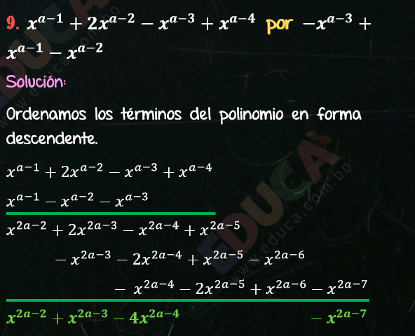 Solución Ejercicio 43 - Ejercicio 9 - Multiplicación de Polinomios con exponentes literales. Regla para multiplicar dos polinomios. Multiplicación. Solucionario - Algebra de Baldor - www.educa.com.bo