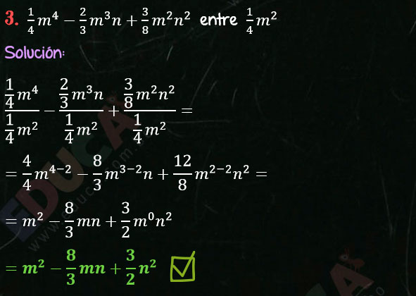 Solución Ejercicio 53 - Ejercicio 3 - División de Polinomios por Monomios - Solucionario - Algebra de Baldor - (Página 84) www.educa.com.bo