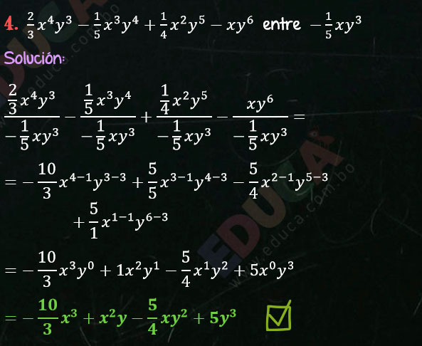 Solución Ejercicio 53 - Ejercicio 4 - División de Polinomios por Monomios - Solucionario - Algebra de Baldor - (Página 84) www.educa.com.bo