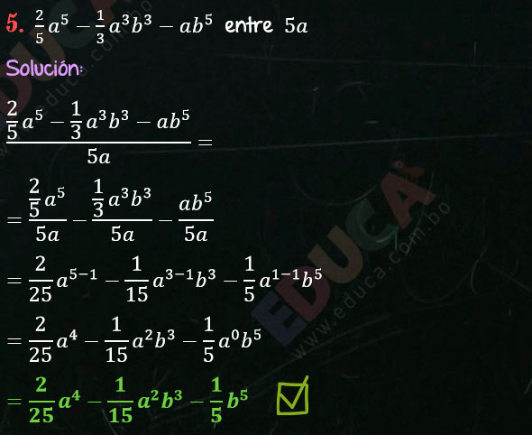 Solución Ejercicio 53 - Ejercicio 5 - División de Polinomios por Monomios - Solucionario - Algebra de Baldor - (Página 84) www.educa.com.bo