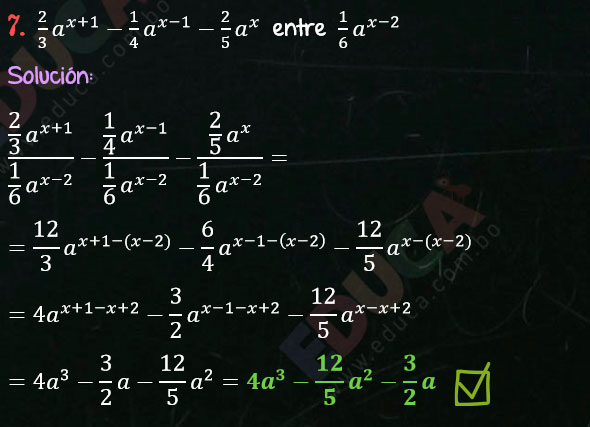 Solución Ejercicio 53 - Ejercicio 7 - División de Polinomios por Monomios - Solucionario - Algebra de Baldor - (Página 84) www.educa.com.bo