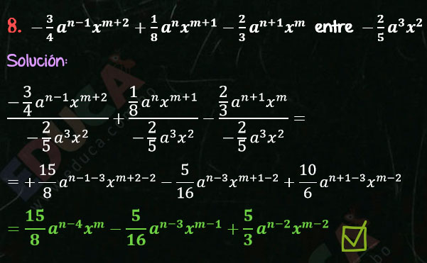Solución Ejercicio 53 - Ejercicio 8 - División de Polinomios por Monomios - Solucionario - Algebra de Baldor - (Página 84) www.educa.com.bo