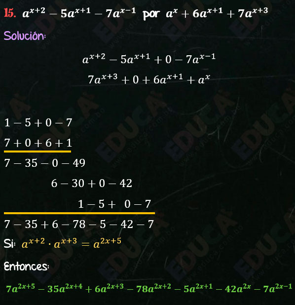 Solución Ejercicio 45 - Ejercicio 15 - Multiplicación por coeficientes separados.  Multiplicación. Solucionario - Algebra de Baldor - www.educa.com.bo