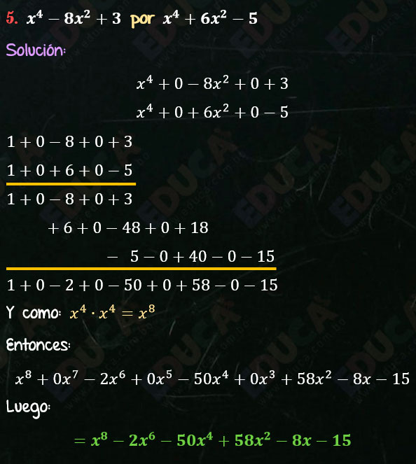Solución Ejercicio 45 - Ejercicio 5 - Multiplicación por coeficientes separados. Multiplicación. Solucionario - Algebra de Baldor - www.educa.com.bo