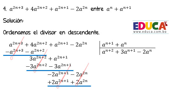 Solución Ejercicio 56 - Ejercicio 4 - División de Polinomios con exponentes literales. Algebra de Baldor - Educa.com.bo.