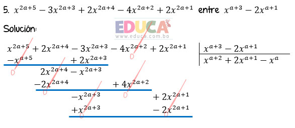 Solución Ejercicio 56 - Ejercicio 5 - División de Polinomios con exponentes literales. Algebra de Baldor - Educa.com.bo.