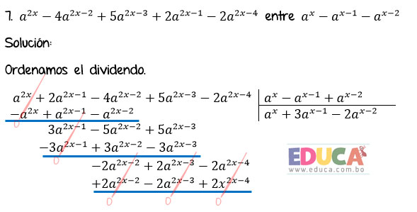 Solución Ejercicio 56 - Ejercicio 7 - División de Polinomios con exponentes literales. Algebra de Baldor - Educa.com.bo.