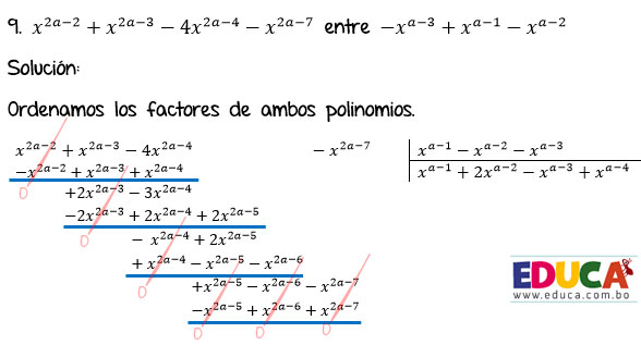 Solución Ejercicio 56 - Ejercicio 9 - División de Polinomios con exponentes literales. Algebra de Baldor - Educa.com.bo.
