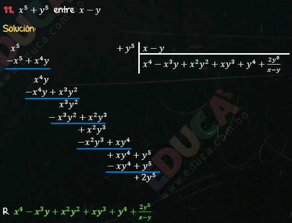 Solución Ejercicio 59 - Ejercicio 11 - División de Polinomios - Cociente Mixto, División. Algebra de Baldor - Educa.com.bo.