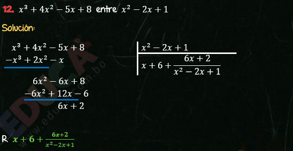 Solución Ejercicio 59 - Ejercicio 12 - División de Polinomios - Cociente Mixto, División. Algebra de Baldor - Educa.com.bo.