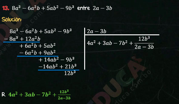 Solución Ejercicio 59 - Ejercicio 13 - División de Polinomios - Cociente Mixto, División. Algebra de Baldor - Educa.com.bo.