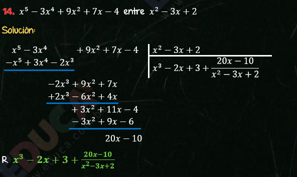Solución Ejercicio 59 - Ejercicio 14 - División de Polinomios - Cociente Mixto, División. Algebra de Baldor - Educa.com.bo.