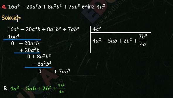 Solución Ejercicio 59 - Ejercicio 4 - División de Polinomios - Cociente Mixto, División. Algebra de Baldor - Educa.com.bo.