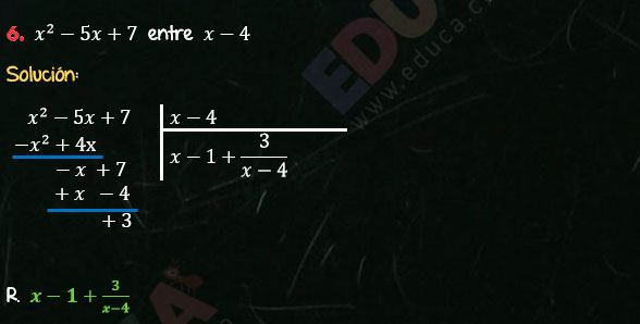 Solución Ejercicio 59 - Ejercicio 6 - División de Polinomios - Cociente Mixto, División. Algebra de Baldor - Educa.com.bo.
