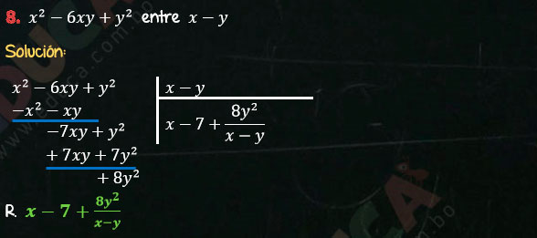 Solución Ejercicio 59 - Ejercicio 8 - División de Polinomios - Cociente Mixto, División. Algebra de Baldor - Educa.com.bo.