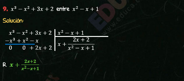 Solución Ejercicio 59 - Ejercicio 9 - División de Polinomios - Cociente Mixto, División. Algebra de Baldor - Educa.com.bo.