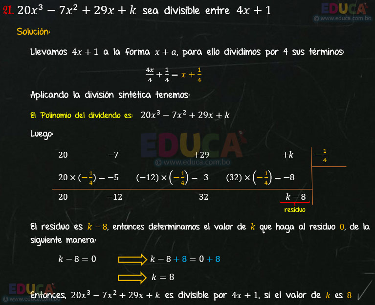 Solución - Ejercicio 76-21 - Teorema del residuo - Algebra de Baldor