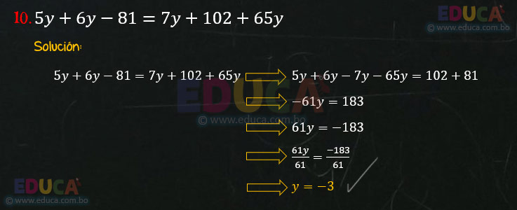 Solución - Ejercicio 78-10 - Ecuaciones enteras de primer grado con una incógnita - Algebra de Baldor