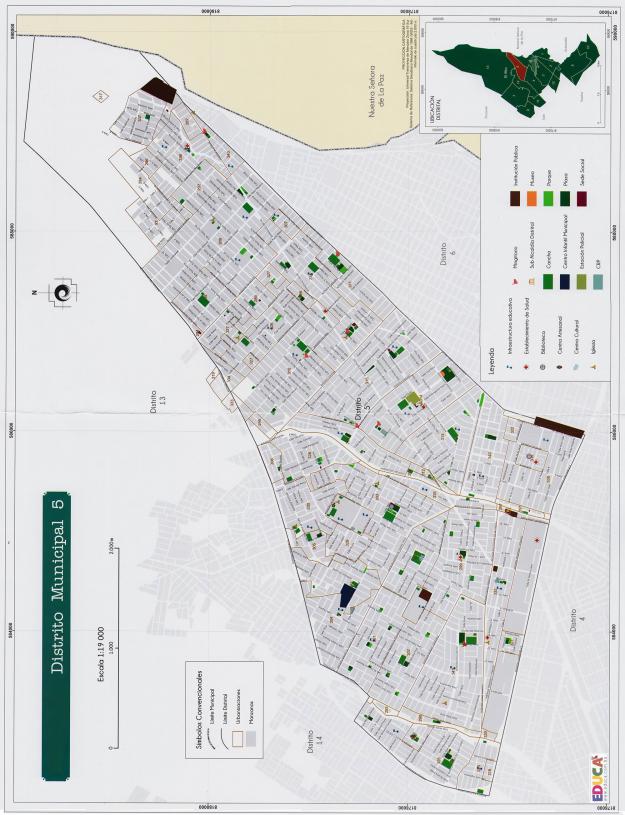 Mapa Distrito Municipal 5 + Equipamiento - Municipio de El Alto - La Paz, Bolivia.